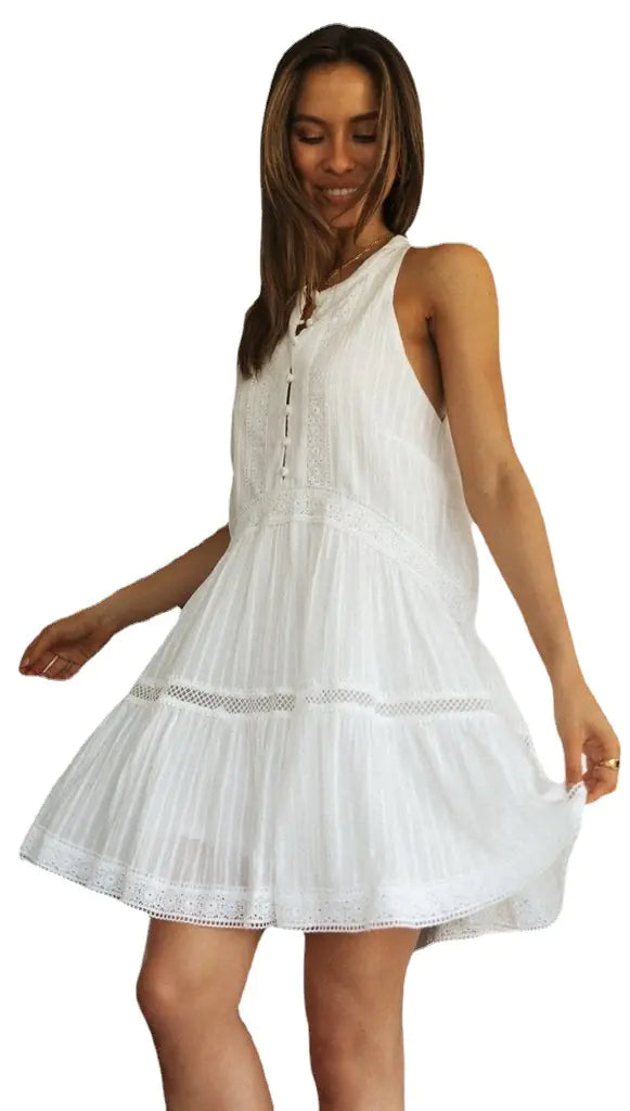 2022 Women's Lace-Panel Vacation Dress with Buttons